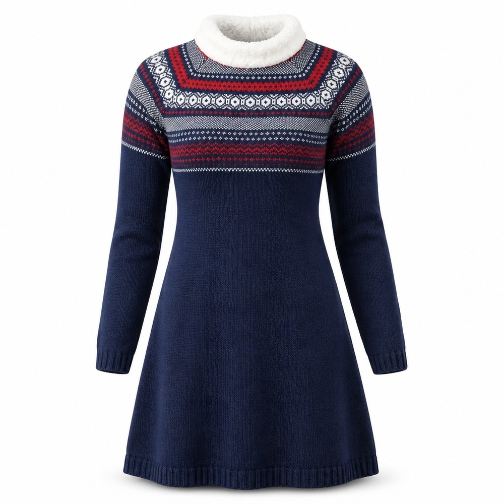 Gymboree Girls Navy Blue Fair Isle Sweater Dress Faux Fur Collar Size 12